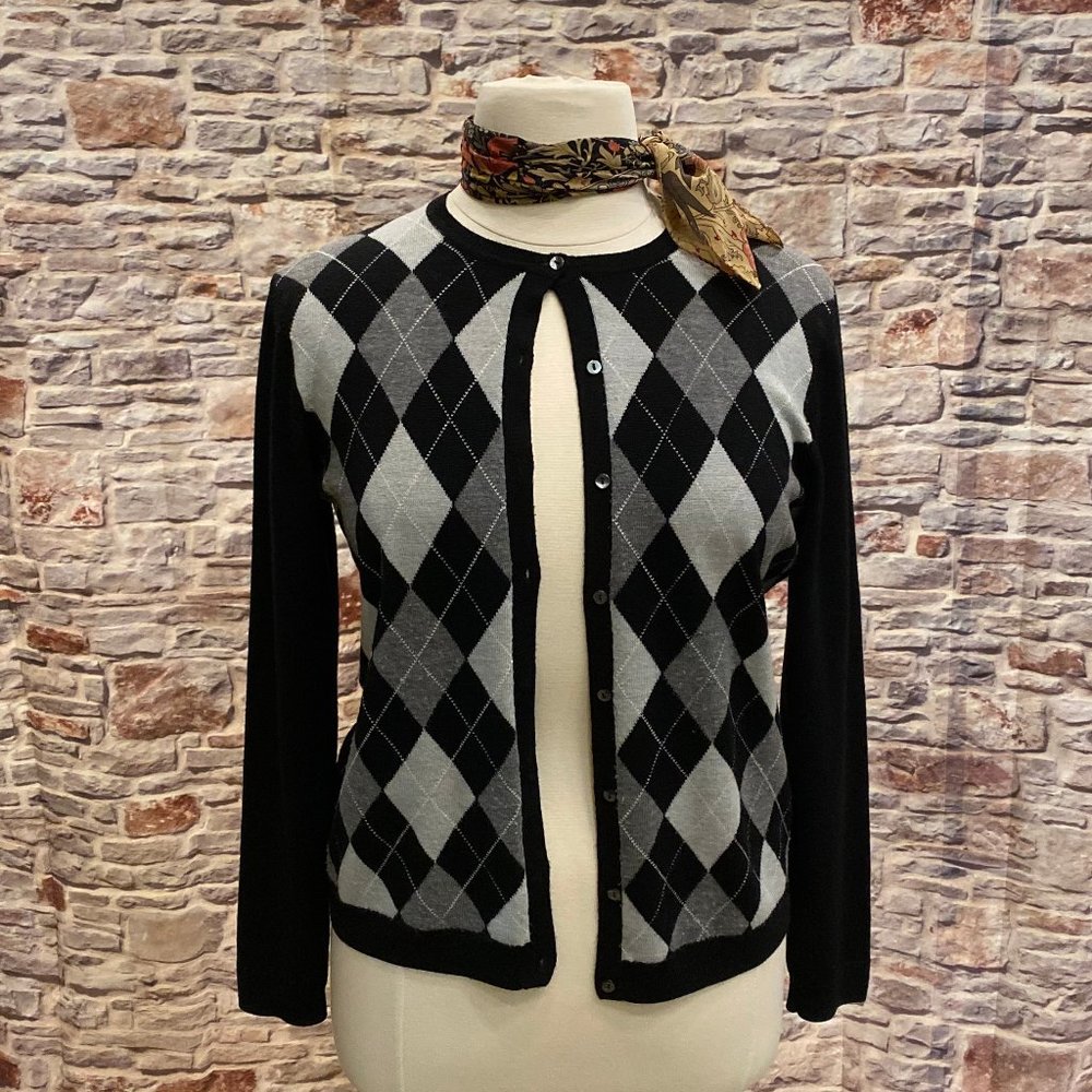 Brooks Brothers Black and Gray Argyle Cardigan XL